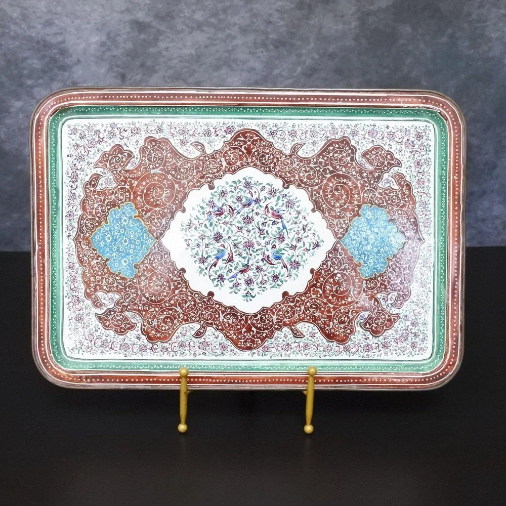 Antique Persian Minakari Enamel Floral Birds Tea & Coffee Cups Saucers Tray Set